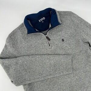 IZOD Mens Quarter Zip Pullover Sweater Gray Heathered Knit Mock Neck Medium